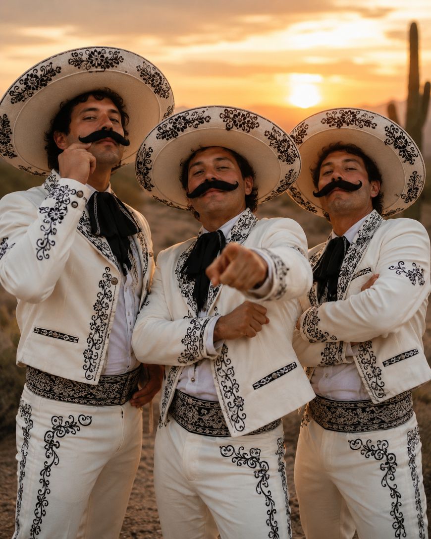 Three men wearing ornate white charro suits and wide-brimmed sombreros, each with a large black mustache, pose confidently outdoors at sunset, with desert scenery and cacti in the background.
