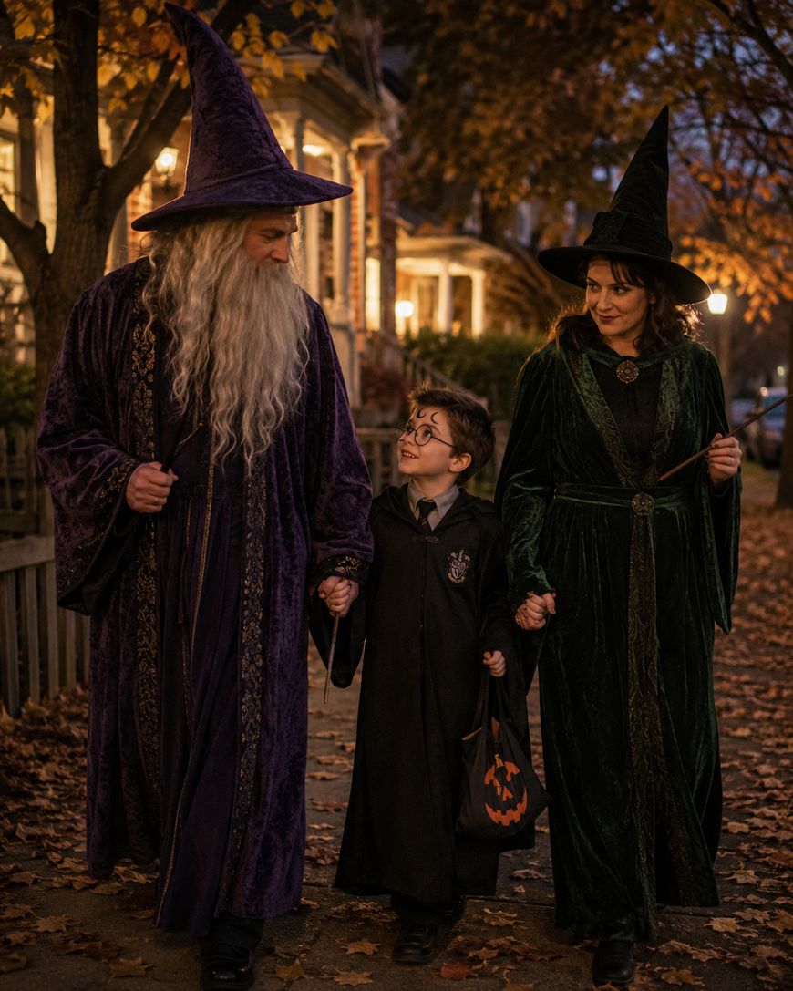 A family dressed in wizard costumes walks down a leaf-covered sidewalk at dusk. The adults wear long robes and pointed hats, while the child wears a cloak and glasses, carrying a pumpkin-shaped trick-or-treat bag.