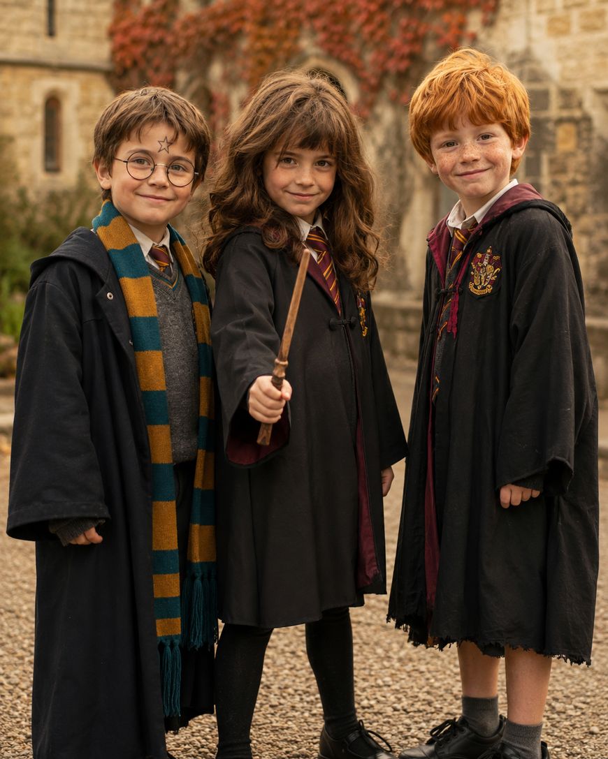 Three children dressed as Harry Potter characters stand outside, wearing Hogwarts robes and ties. The child in the middle holds a wand, and all three are smiling. The background shows an old stone building with ivy.