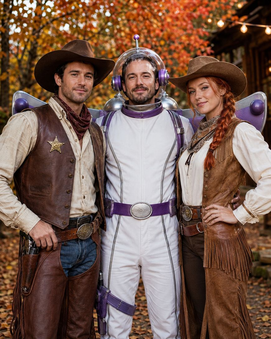 Three adults stand outdoors amid autumn leaves. Two wear cowboy costumes with brown hats and vests, while the person in the center wears a white and purple spacesuit with a helmet. All three are smiling.