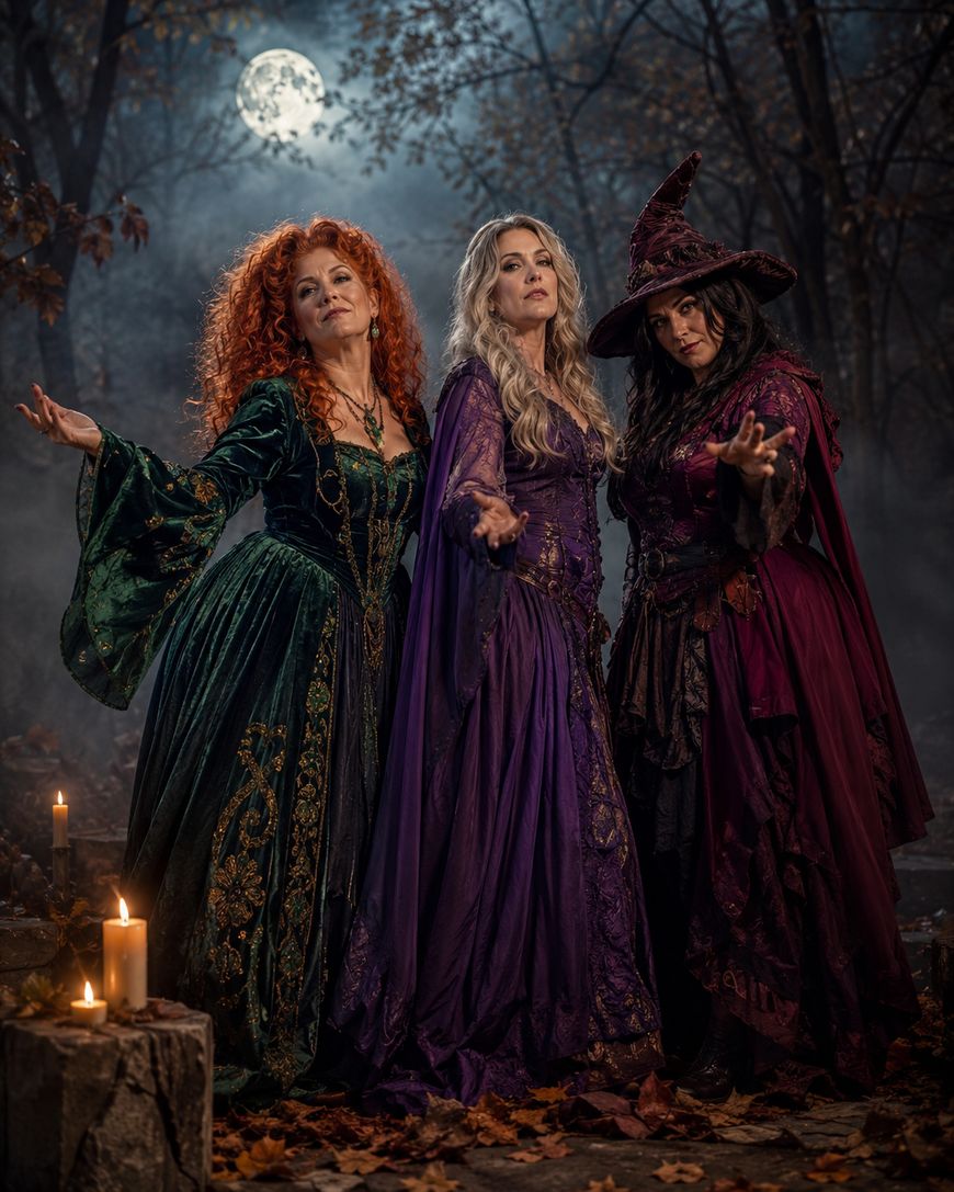 Three women dressed as witches stand in a moonlit forest, wearing elaborate green, purple, and burgundy costumes. They pose dramatically with outstretched hands, surrounded by candles and autumn leaves. The full moon glows behind them.