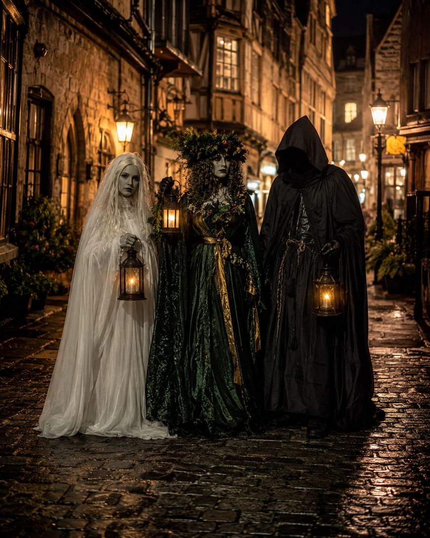 Three people in elaborate costumes stand on a cobblestone street at night, holding lanterns. One is dressed as a ghostly bride, another in a green gown with a floral crown, and the third in a black hooded cloak.