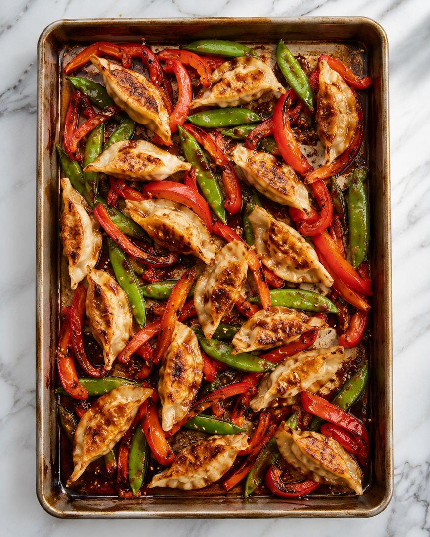 A sheet pan filled with browned dumplings, sliced red bell peppers, and snap peas on a white marble surface. The vegetables and dumplings are evenly distributed and appear roasted and glazed.