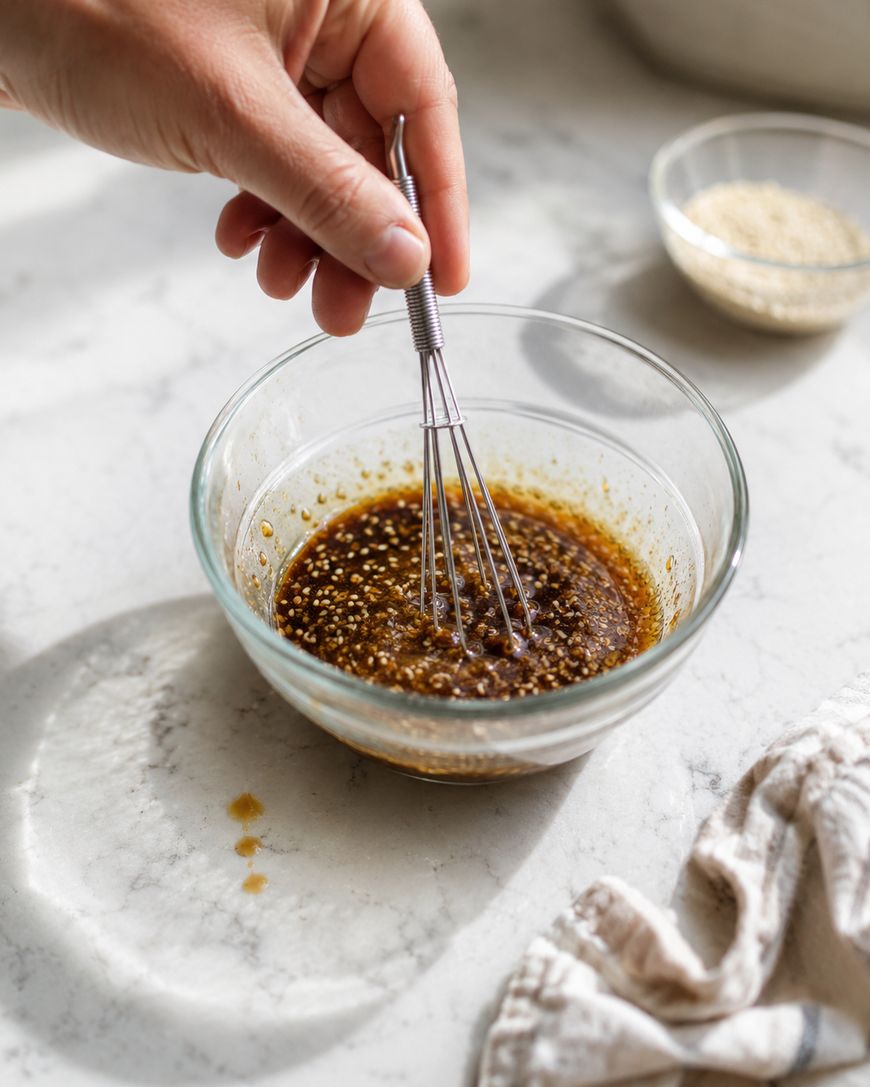 A hand uses a whisk to mix a brown sauce with sesame seeds in a glass bowl on a marble countertop. A small bowl of sesame seeds and a beige cloth are nearby.