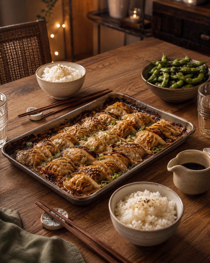A tray of golden-brown baked dumplings garnished with green onions sits on a wooden table, surrounded by bowls of white rice, a bowl of edamame, chopsticks, glasses of water, and small dishes of sauce.