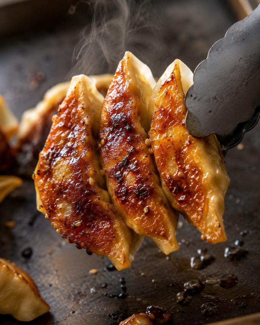 A pair of metal tongs holds three golden-brown, crispy pan-fried dumplings above a skillet, with steam rising and glistening oil visible on their surface.