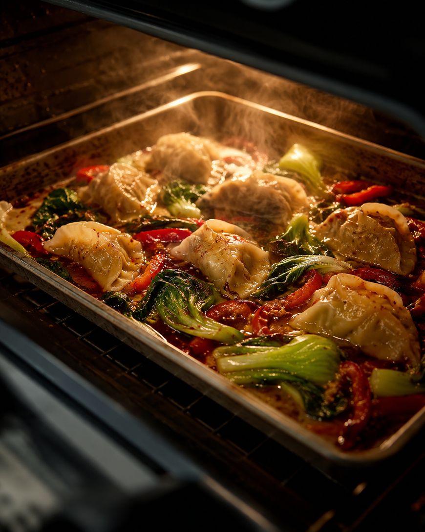 A baking tray inside an oven filled with dumplings, sliced red peppers, and bok choy, all roasting together with steam rising from the hot ingredients.
