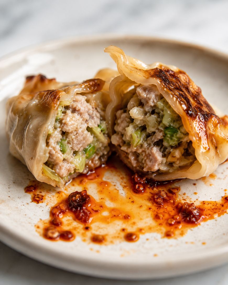 A pan-fried dumpling cut in half on a plate, revealing a savory filling of ground meat and chopped vegetables. Chili oil is drizzled on the plate around the dumpling.