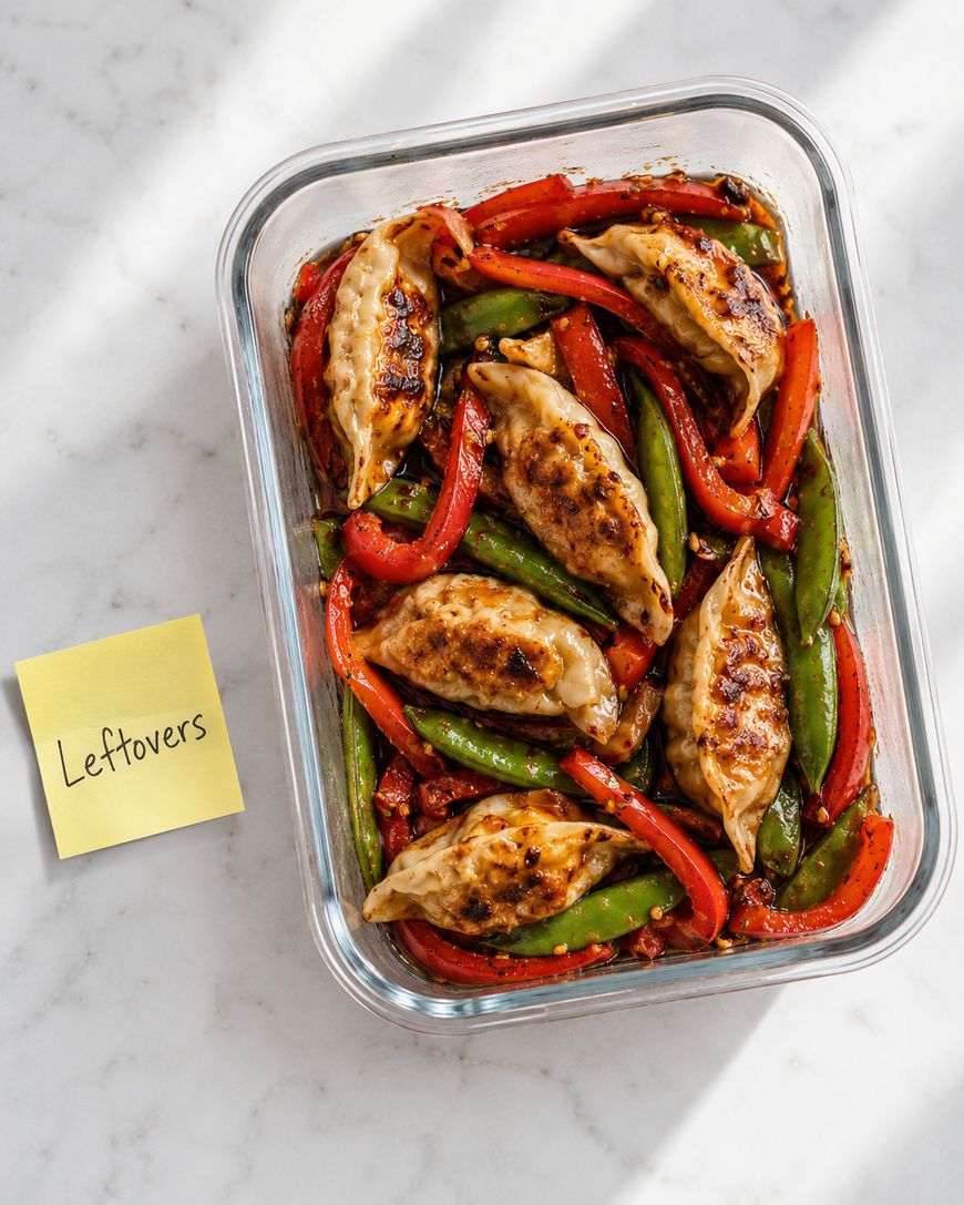 A glass container holds cooked dumplings, red bell pepper strips, and snap peas. Next to it, a yellow sticky note with the word Leftovers is placed on the white surface.