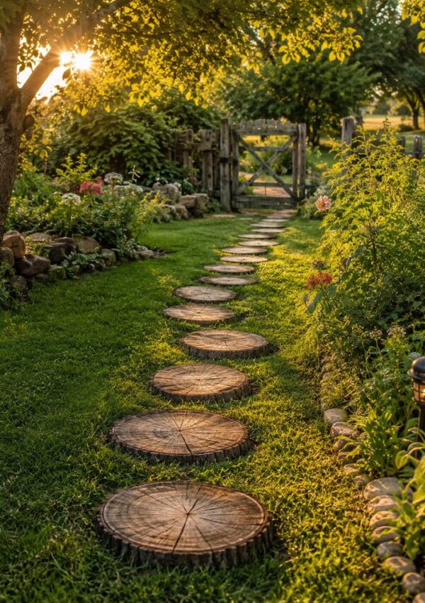 Tree stump stepping stones form a path through a lush green garden, leading to a wooden gate. Sunlight filters through leafy trees, casting warm light and inspiring creative yard ideas for a beautiful yard transformation.