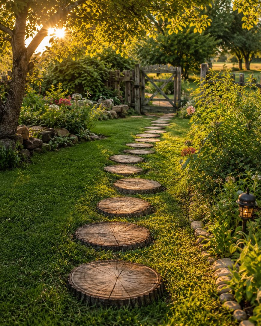 A garden path made of round wooden stepping stones leads to a rustic wooden gate, surrounded by lush green grass, flowers, and trees in warm, golden sunlight.