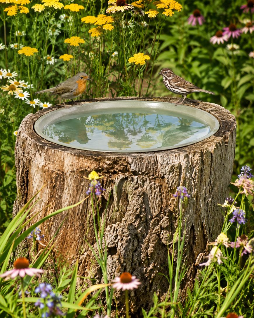 Two small birds perched on the edge of a birdbath made from a tree stump, surrounded by blooming wildflowers and greenery in a garden.