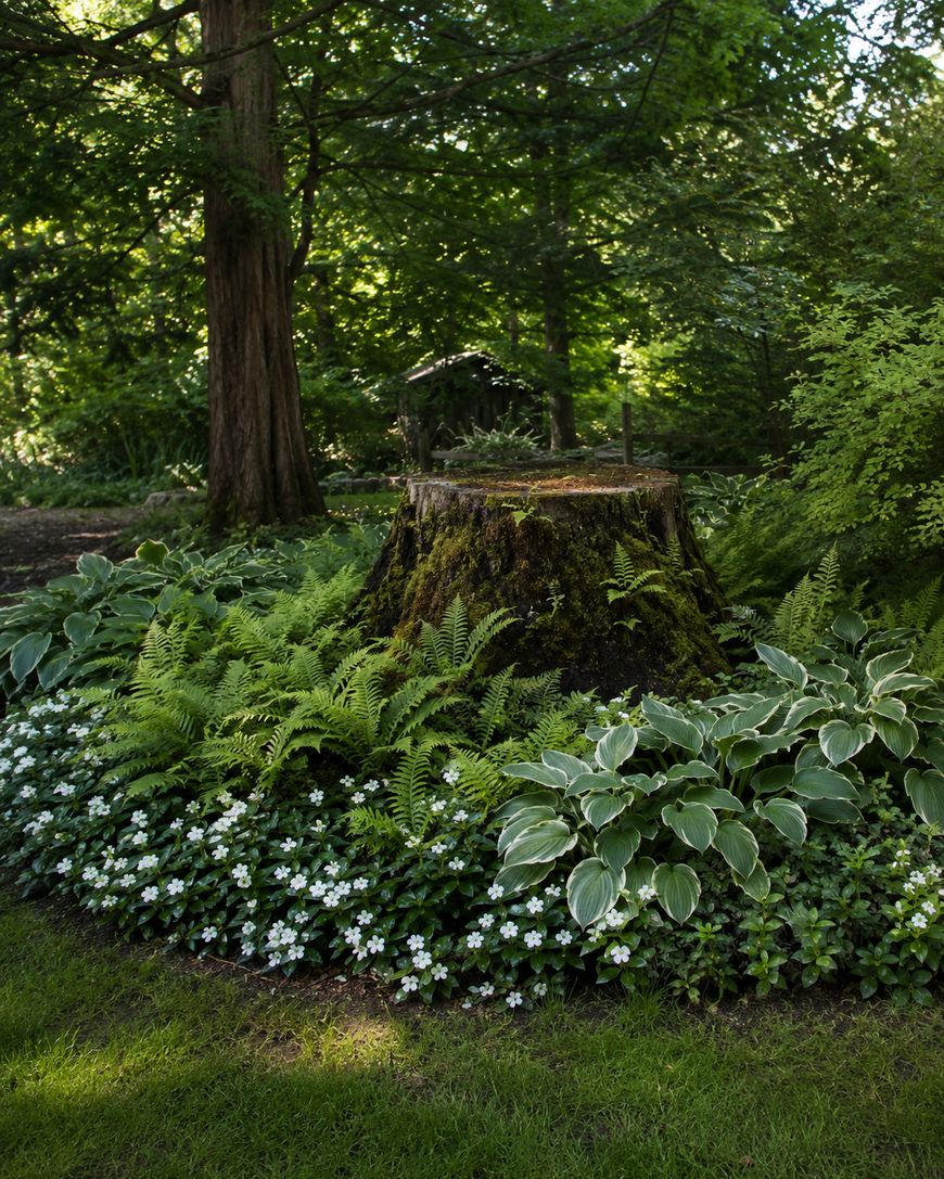 A moss-covered tree stump surrounded by lush green ferns, hostas, and white flowers in a shady, peaceful garden with tall trees in the background.