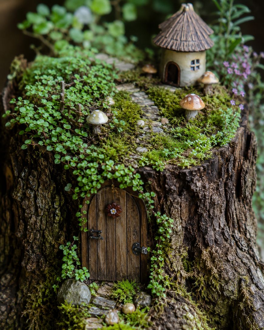 A whimsical fairy house scene on a tree stump features a tiny wooden door, moss, miniature mushrooms, and a stone path leading to a small cottage with a thatched roof at the top. Lush green plants surround the setting.