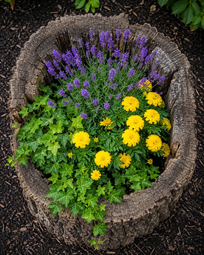 A rustic wooden planter filled with purple lavender, yellow marigolds, and green ivy, set against dark soil in a garden.