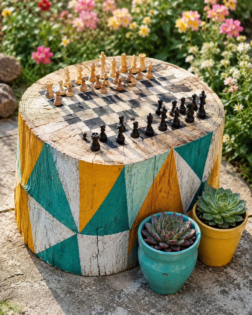 A painted tree stump serves as a chessboard table outdoors, with chess pieces arranged for play. Two potted succulents sit beside it, and colorful flowers bloom in the background.