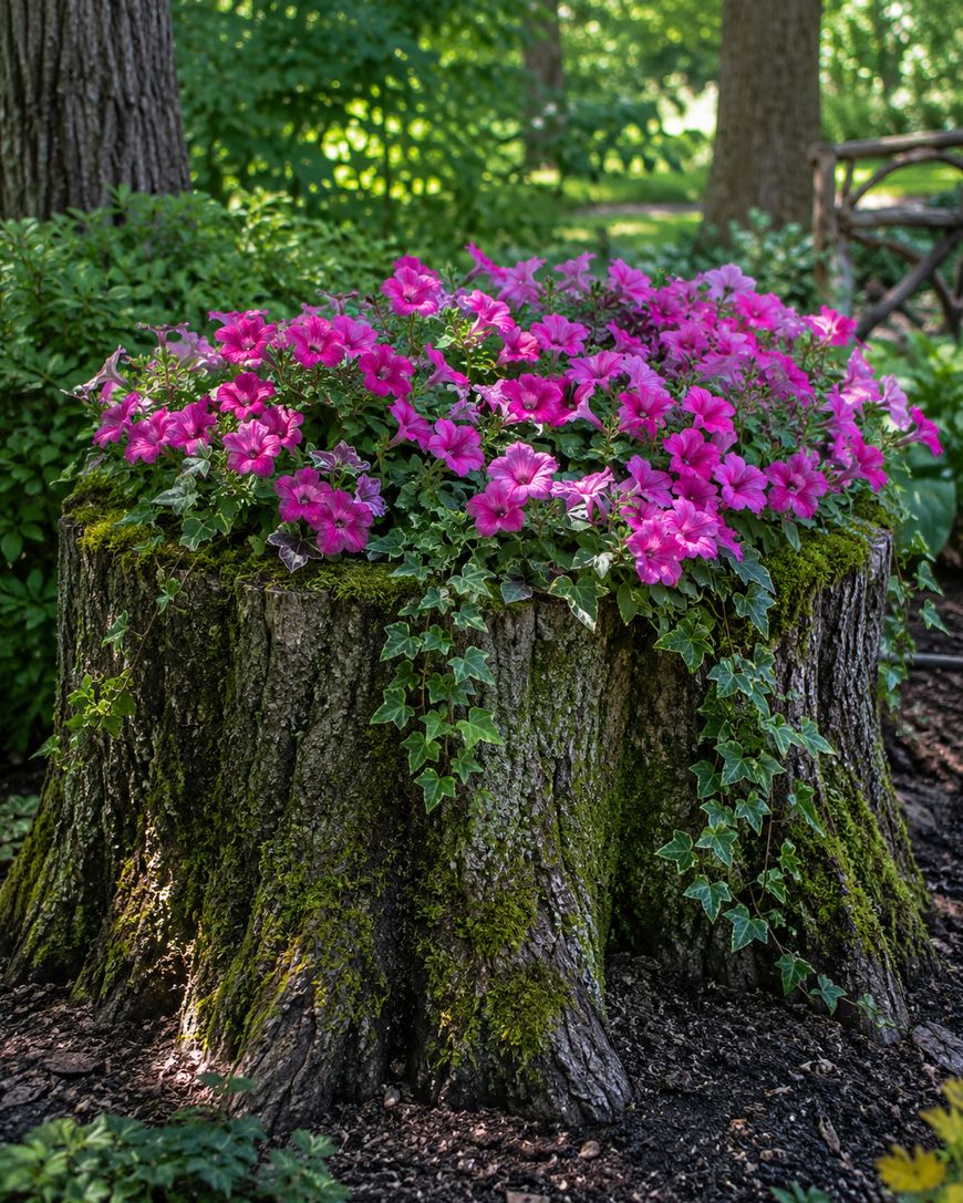 A large tree stump covered in moss is used as a planter, filled with vibrant pink flowers and trailing green ivy, set in a lush garden with trees and greenery in the background.