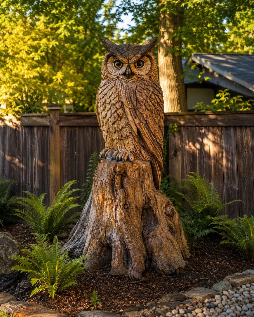 A detailed wooden sculpture of an owl perched atop a carved tree stump, surrounded by ferns and greenery, with a wooden fence and trees in the background.
