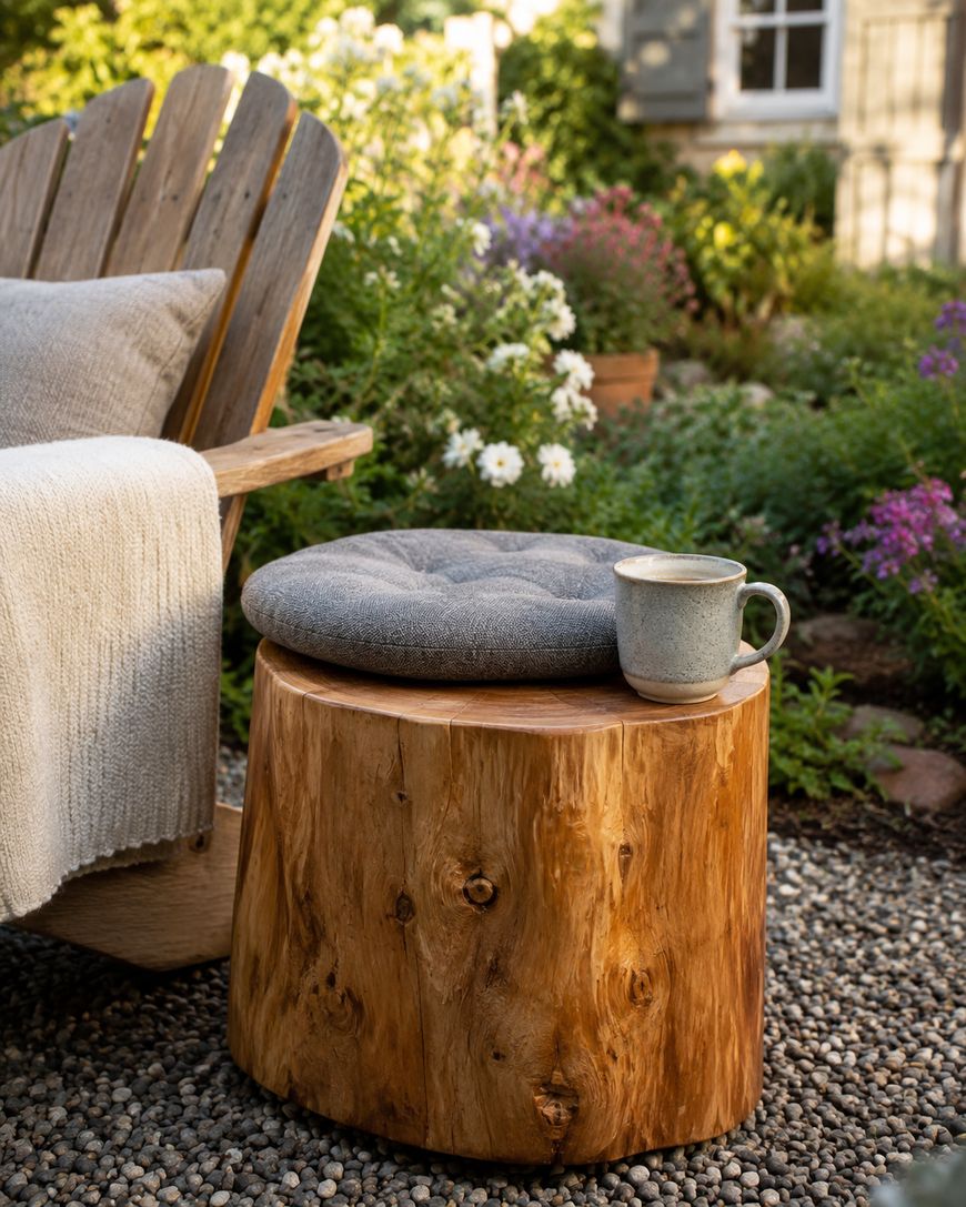 A rustic wooden stool with a gray cushion and ceramic mug sits on gravel beside a wooden Adirondack chair with a blanket, surrounded by colorful flowers in a sunny garden.
