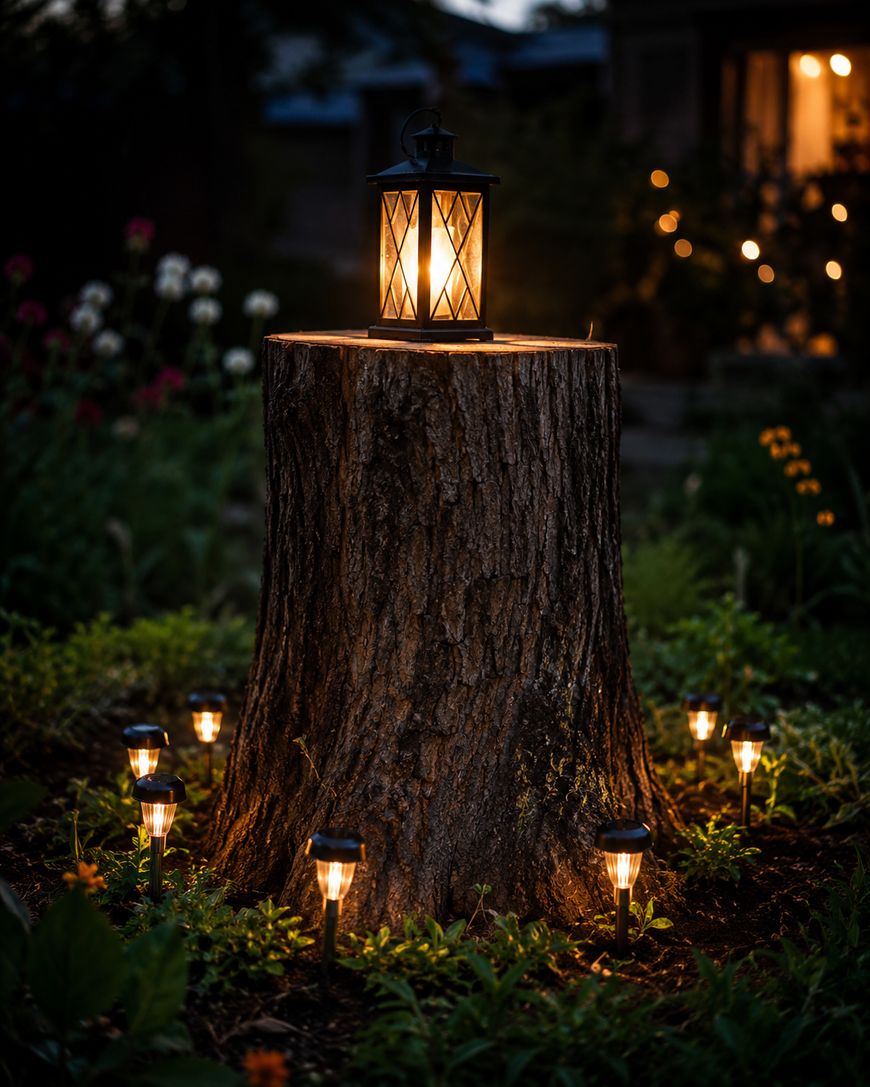 A black lantern with warm light sits atop a tree stump in a garden at dusk, surrounded by small glowing lights and green plants, with a softly lit house in the background.