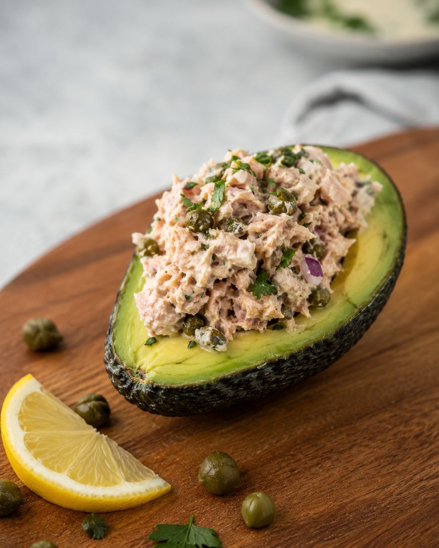 A halved avocado filled with tuna salad, garnished with capers and parsley, sits on a wooden board. Lemon wedges, capers, and parsley leaves are placed nearby.