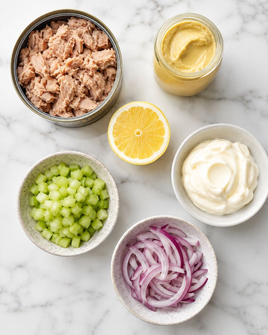 Overhead view of ingredients on a marble surface: a bowl of canned tuna, a jar of mustard, half a lemon, a bowl of mayonnaise, chopped celery, and sliced red onion in small bowls.