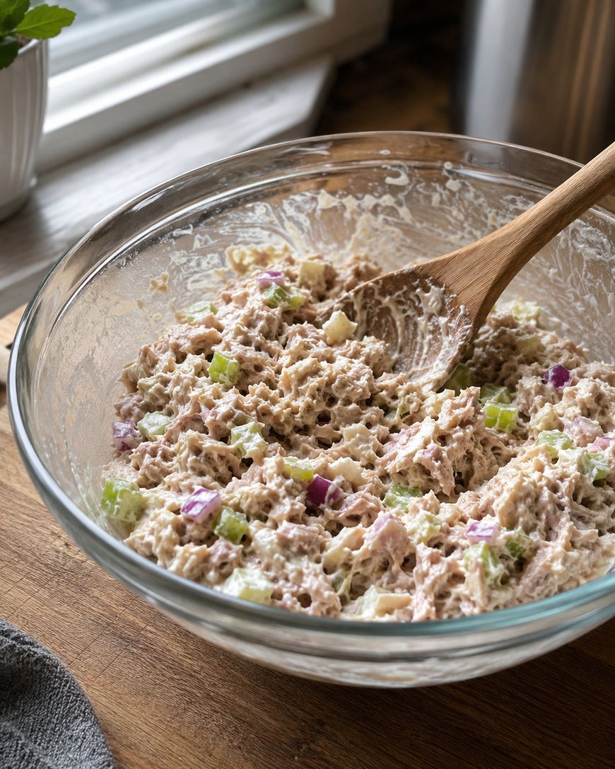 A glass bowl filled with tuna salad containing mayonnaise, chopped celery, and red onions sits on a wooden surface, with a wooden spoon resting inside the bowl.