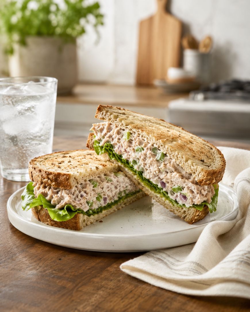 A tuna salad sandwich with lettuce, served on toasted bread and cut in half, sits on a white plate next to a glass of ice water on a wooden table. Kitchen items and a plant are blurred in the background.
