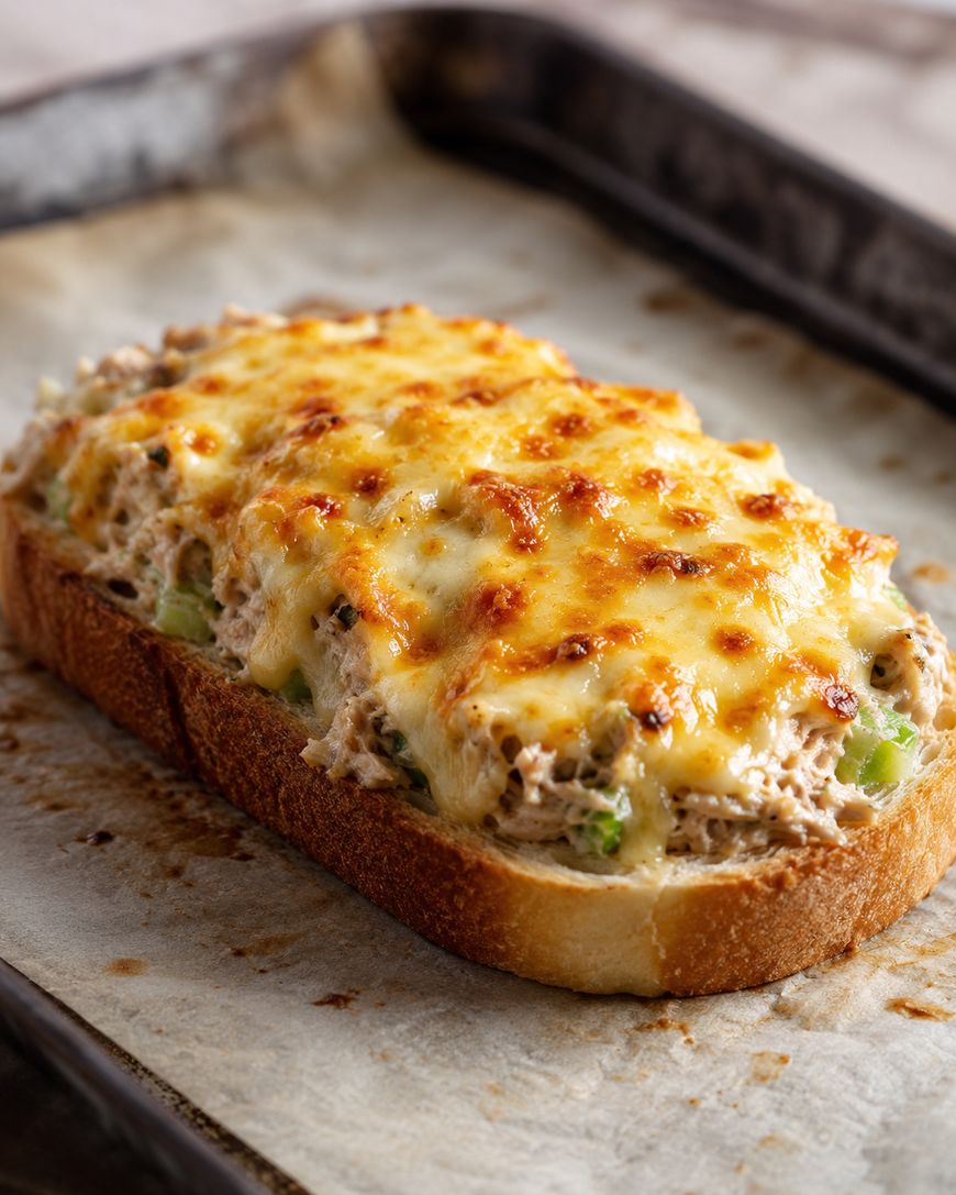 A slice of bread topped with a creamy tuna mixture and melted, golden-brown cheese, resting on a parchment-lined baking tray.