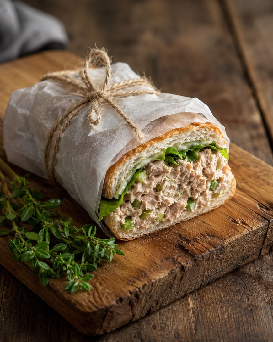 A tuna salad sandwich with lettuce, wrapped in parchment paper and tied with twine, sits on a rustic wooden board next to fresh herbs.