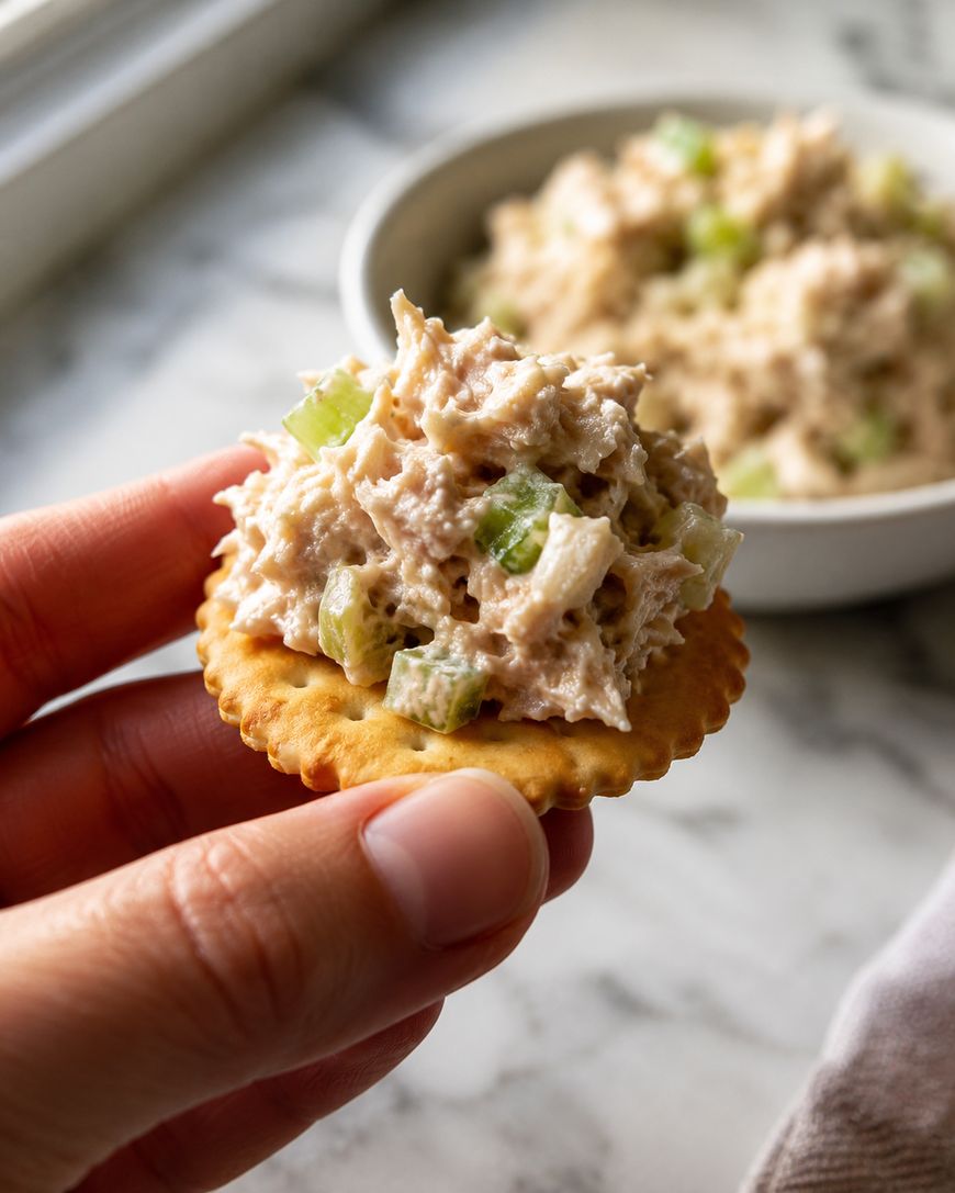 A hand holds a round cracker topped with tuna salad mixed with chopped celery, with a bowl of more tuna salad in the background on a marble surface.
