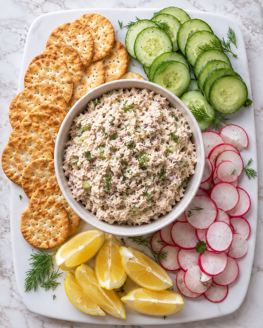 A bowl of tuna salad garnished with herbs is surrounded by round crackers, cucumber slices, radish slices, lemon wedges, and fresh dill on a white platter.