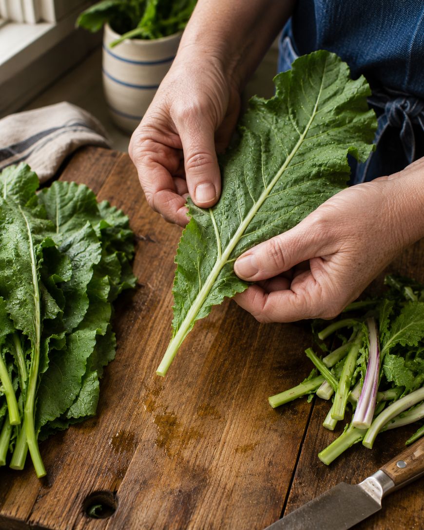 Close-up of hands holding and preparing a large green leafy vegetable on a wooden table, with trimmed stems, a knife, and more greens nearby.