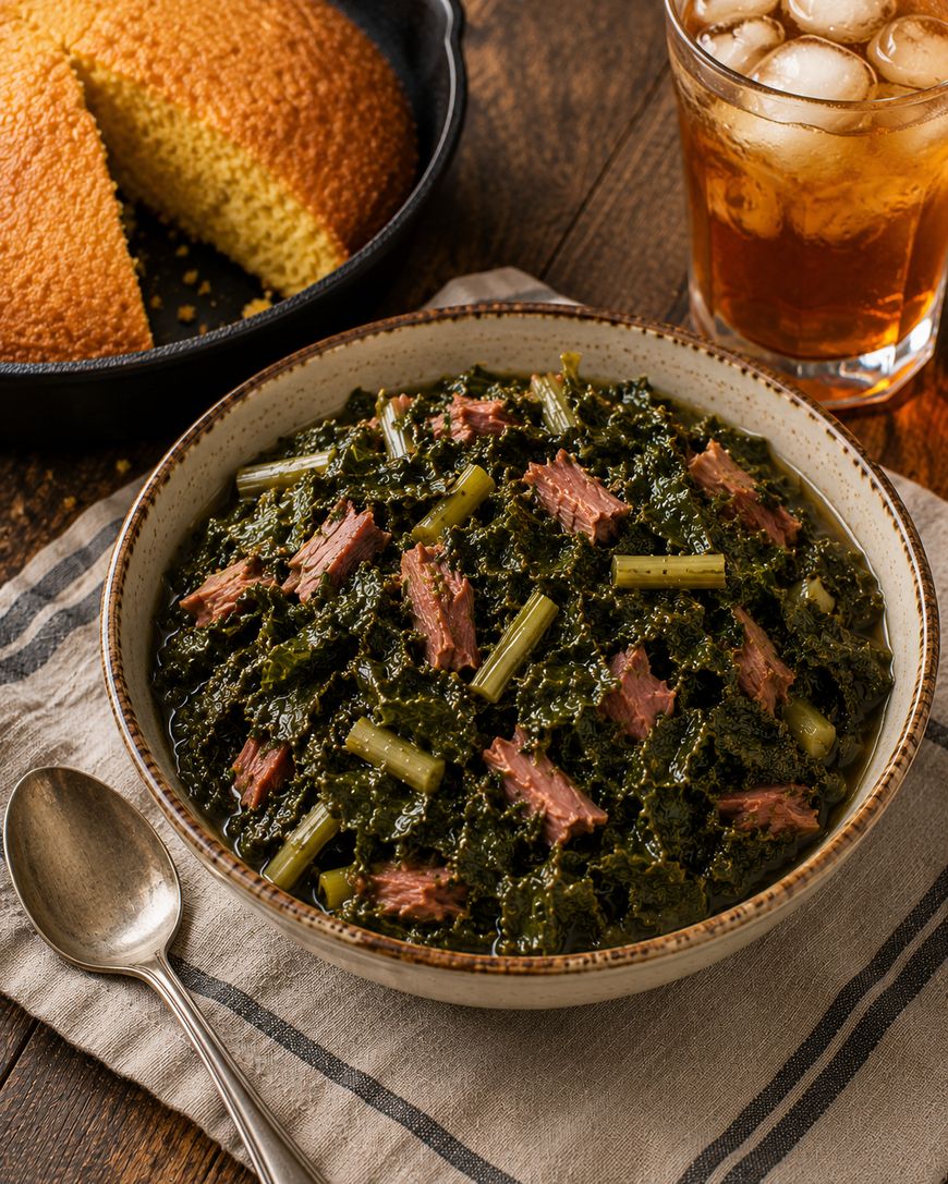 A bowl of collard greens with pieces of meat, set on a striped cloth with a spoon beside it. In the background, there is a skillet of cornbread and a glass of iced tea on a wooden table.