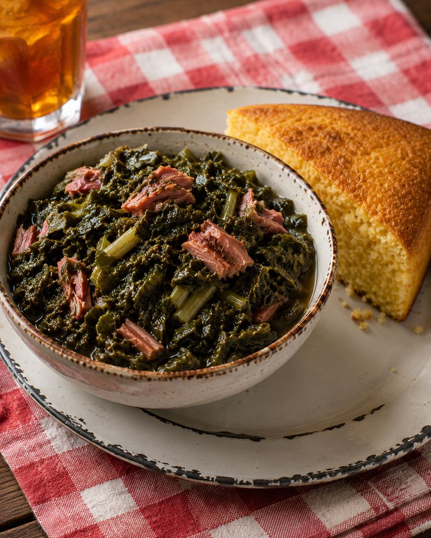 A bowl of cooked collard greens with pieces of meat, served on a plate with a slice of cornbread, on a red and white checkered cloth. A glass of iced tea sits in the background.