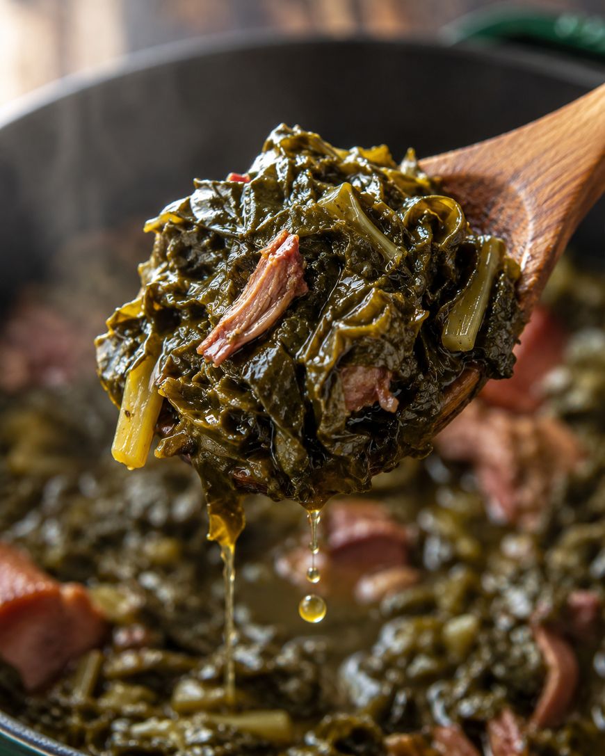 A wooden spoon lifts a serving of cooked collard greens mixed with pieces of smoked meat from a pot, with juice dripping back into the pot.