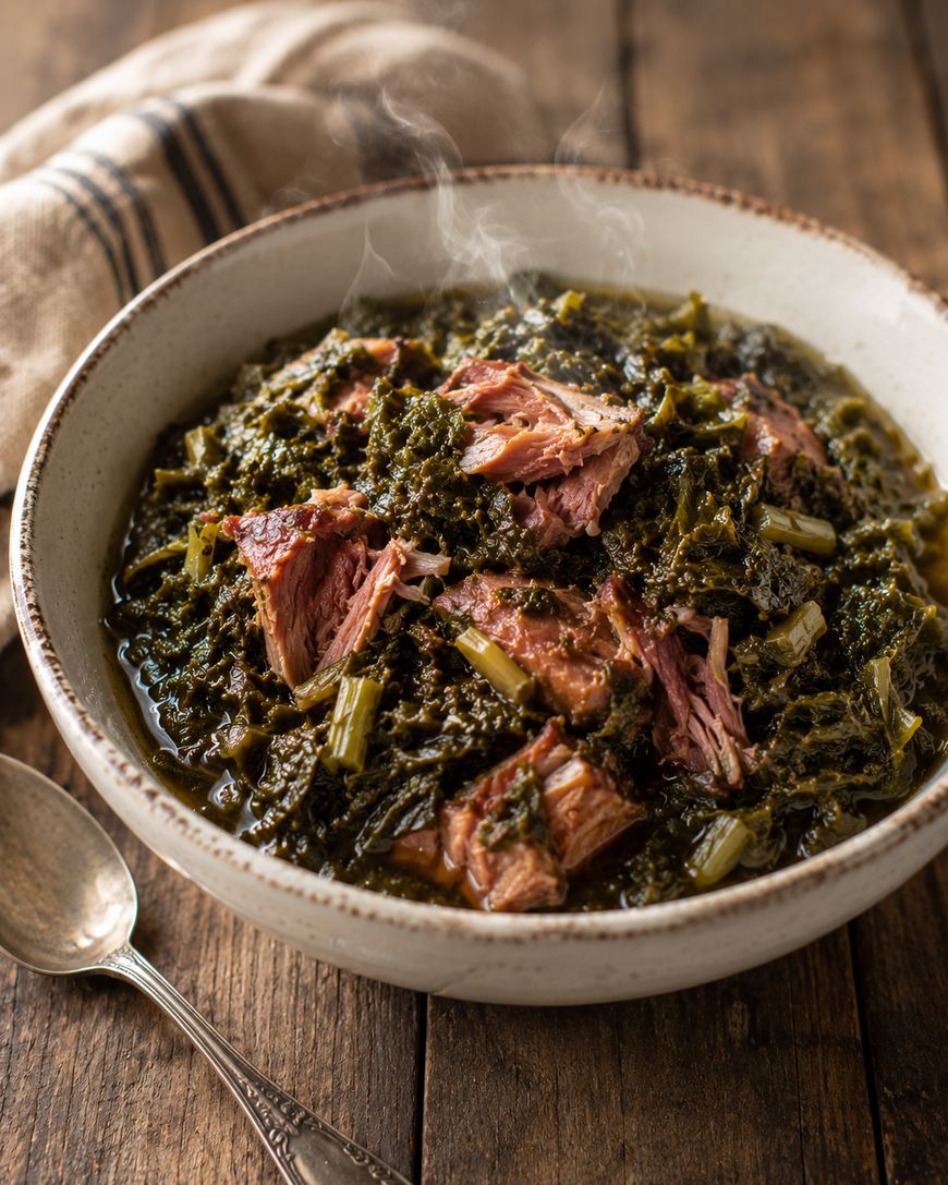 A bowl of cooked collard greens mixed with tender, shredded pieces of meat, steaming hot, sits on a rustic wooden table next to a silver spoon and a striped cloth napkin.