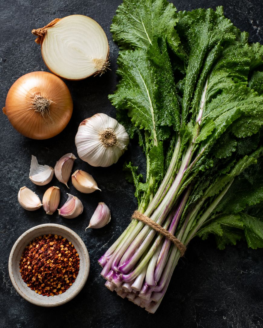 A bunch of fresh mustard greens tied with twine, a whole yellow onion, a halved onion, a whole garlic bulb, several garlic cloves, and a bowl of red pepper flakes arranged on a dark surface.