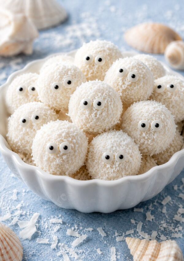 A white bowl filled with round, white coconut truffles decorated with candy eyes to resemble cute creatures—perfect Under the Sea party food. Surrounded by seashells and coconut flakes on a blue surface, these snacks are ideal for kids party food.