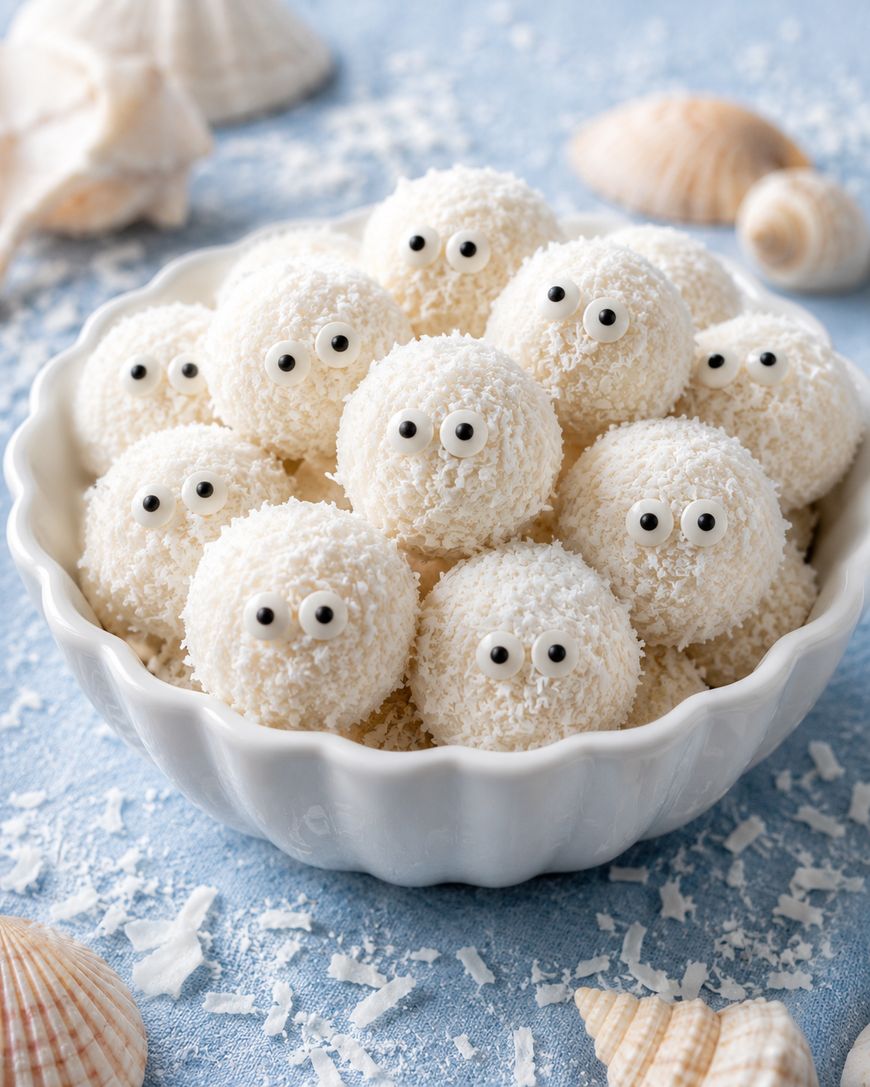 A white bowl filled with round, coconut-covered treats decorated with candy eyes, resembling cute snowballs or creatures, placed on a blue surface with seashells and coconut flakes scattered around.