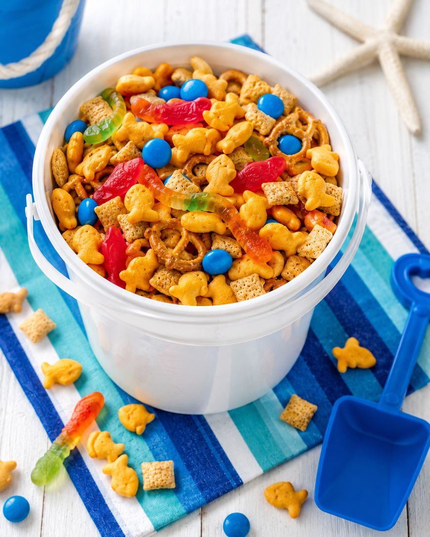 A white plastic pail filled with a colorful snack mix including Goldfish crackers, pretzels, Chex cereal, blue candies, and gummy fish. The pail sits on a striped blue towel with a blue plastic shovel and starfish nearby.