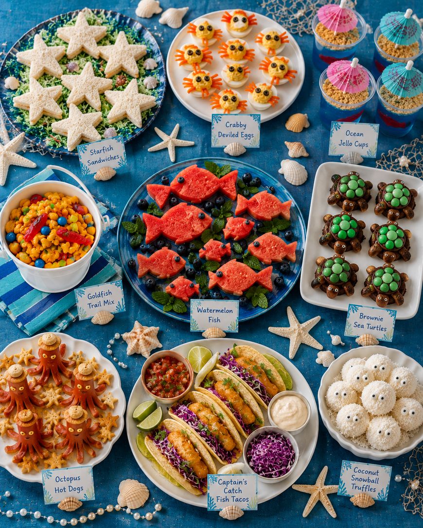 A table with ocean-themed foods, including star-shaped sandwiches, deviled eggs decorated as crabs, jello cups, trail mix, watermelon cut as fish, brownie turtles, hot dogs shaped like octopuses, tacos, and coconut truffles.