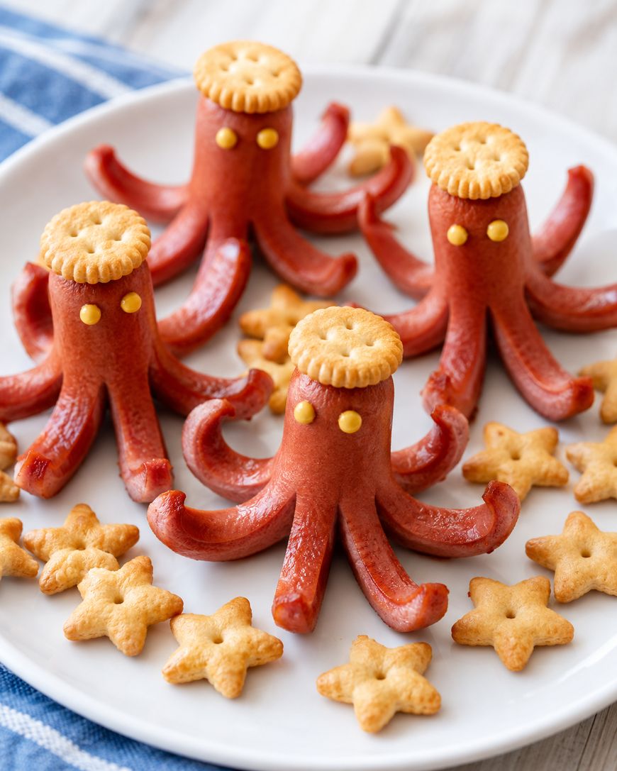 A plate with four octopus-shaped hot dogs, each topped with a round cracker and yellow eyes, surrounded by star-shaped crackers. A blue and white cloth is partially visible in the background.