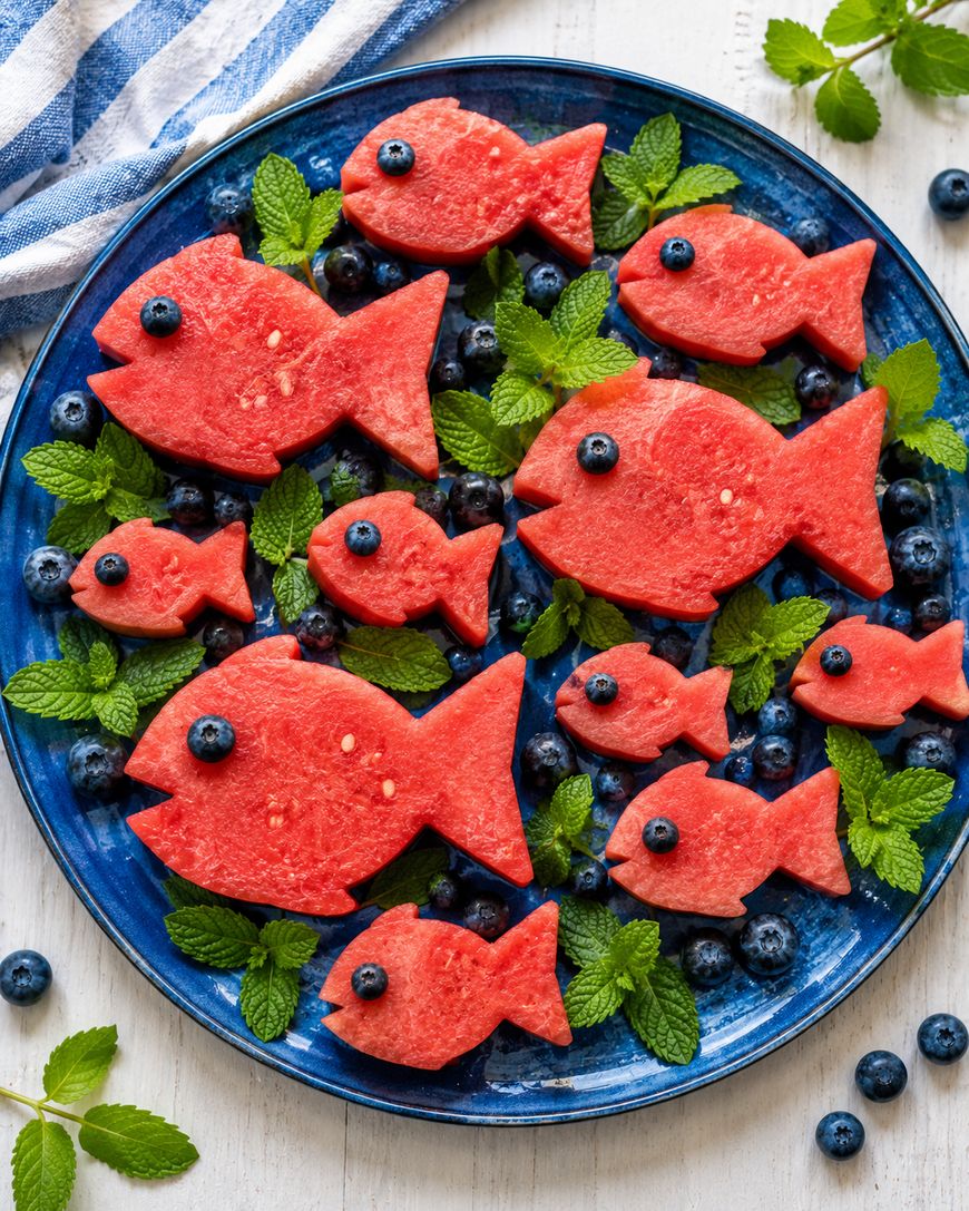 A blue plate displays watermelon slices cut into fish shapes, garnished with blueberries for eyes and accents. Fresh mint leaves and scattered blueberries decorate the plate. A striped cloth is partially visible in the corner.