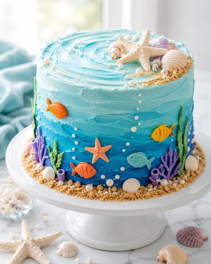 A round cake decorated with blue ombre frosting to resemble ocean waves, featuring fondant fish, seashells, starfish, edible pearls, and cookie crumbs as sand, displayed on a white cake stand.