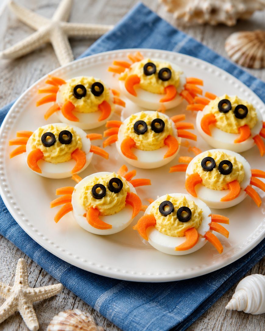 Deviled eggs decorated to look like crabs with sliced olives for eyes and carrot pieces for claws and legs, arranged on a white plate with seashells and starfish in the background.