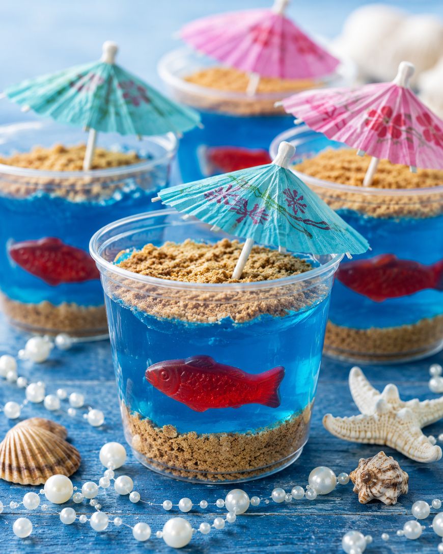 Clear plastic cups filled with blue gelatin, a red gummy fish, crushed cookie “sand,” and a paper umbrella on top. The cups are surrounded by fake pearls, seashells, and starfish on a blue surface.