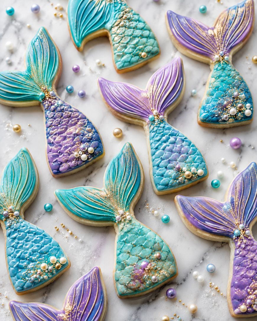 Mermaid tail-shaped cookies decorated with colorful icing in shades of blue, purple, and teal, with shiny gold accents and small decorative pearls, arranged on a marble surface.