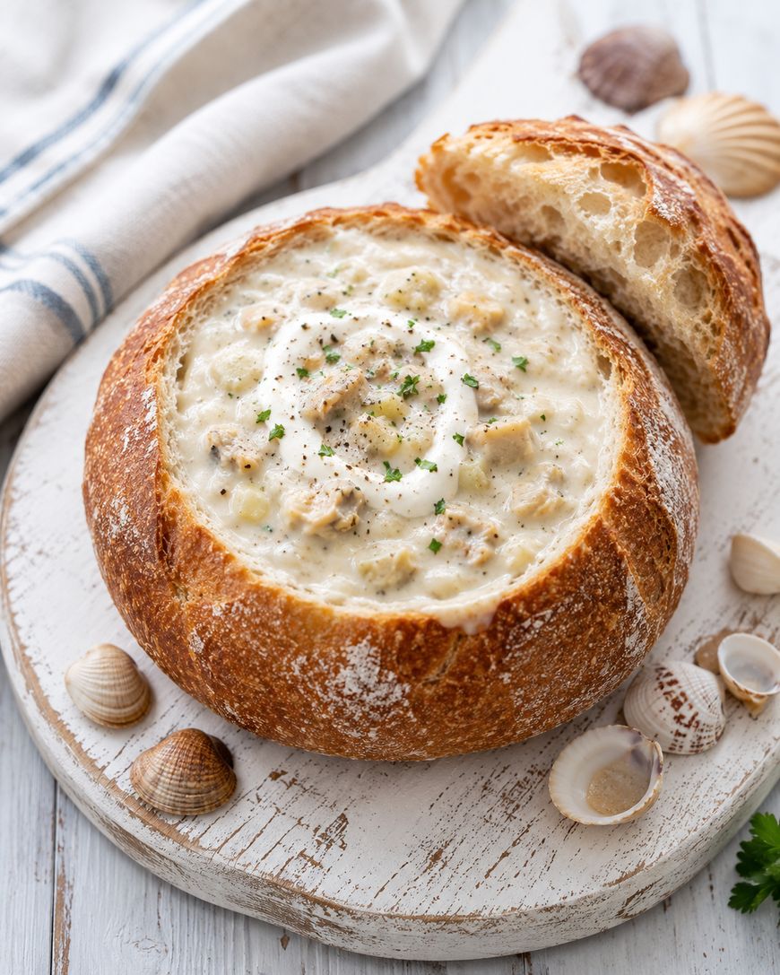 A creamy chowder served in a round bread bowl, garnished with herbs and black pepper, with the bread top resting beside it. The dish sits on a white board surrounded by seashells.