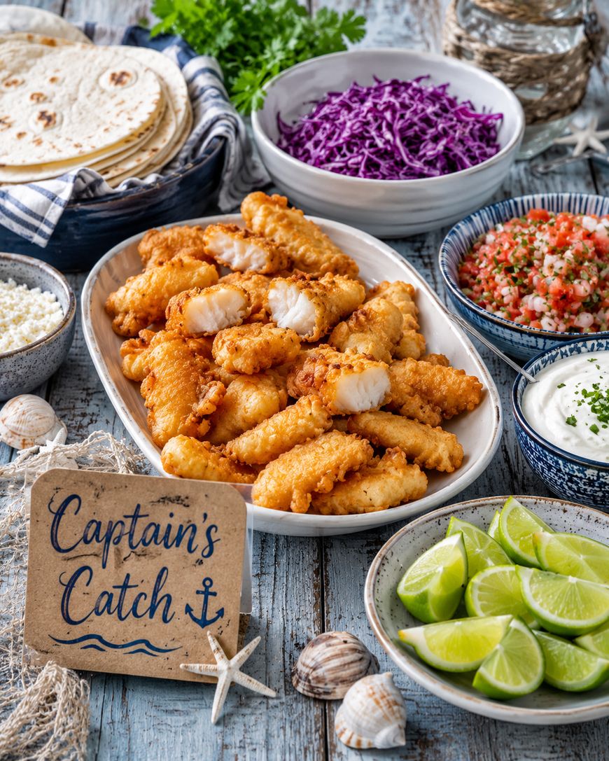 A platter of crispy fried fish fillets is surrounded by bowls of shredded red cabbage, pico de gallo, sliced limes, crumbled cheese, and tortillas, with a sign reading Captains Catch in front. Coastal decor accents the scene.